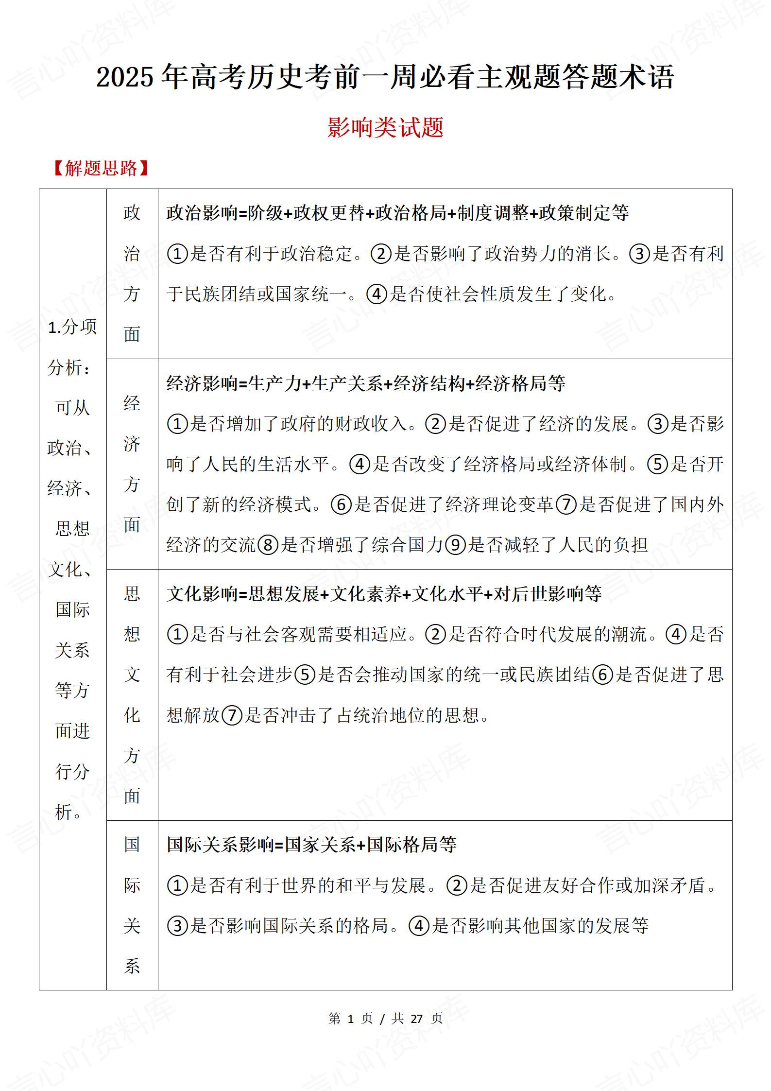 高中历史 | 高考主观题答题技巧术语归纳-言心吖资料库