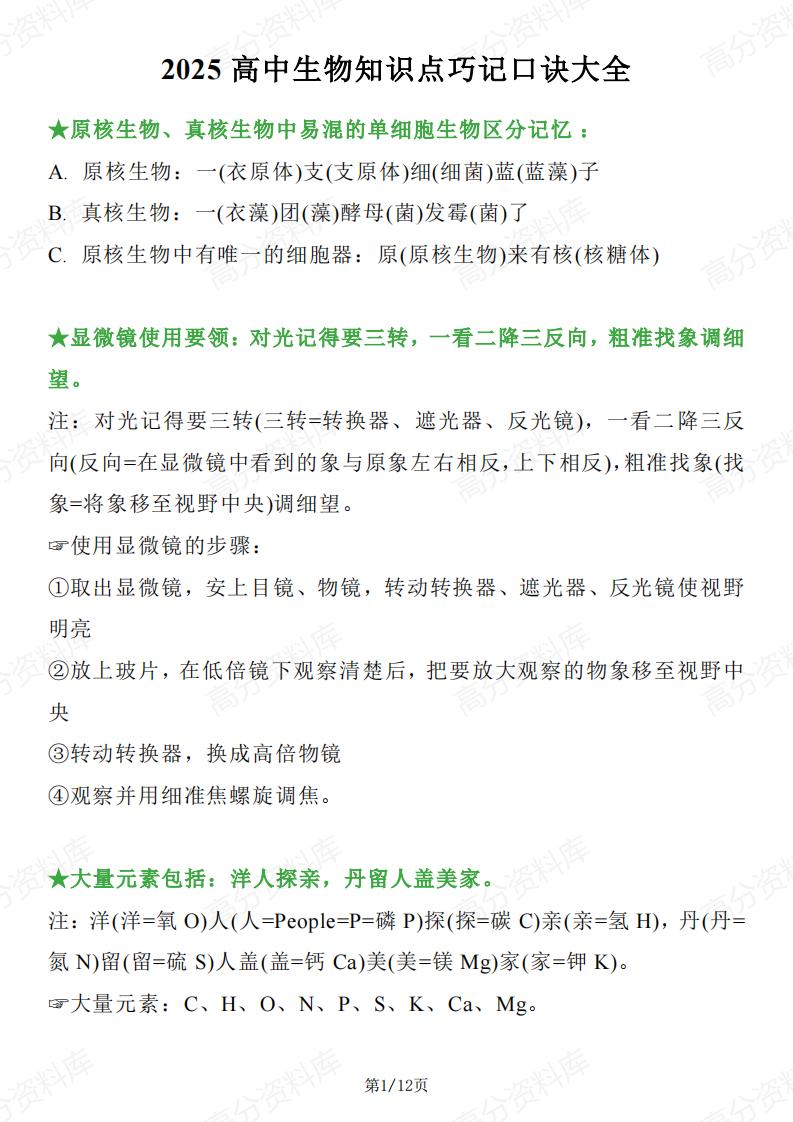 高中生物 | 全册分类口诀记忆重要知识点-言心吖资料库