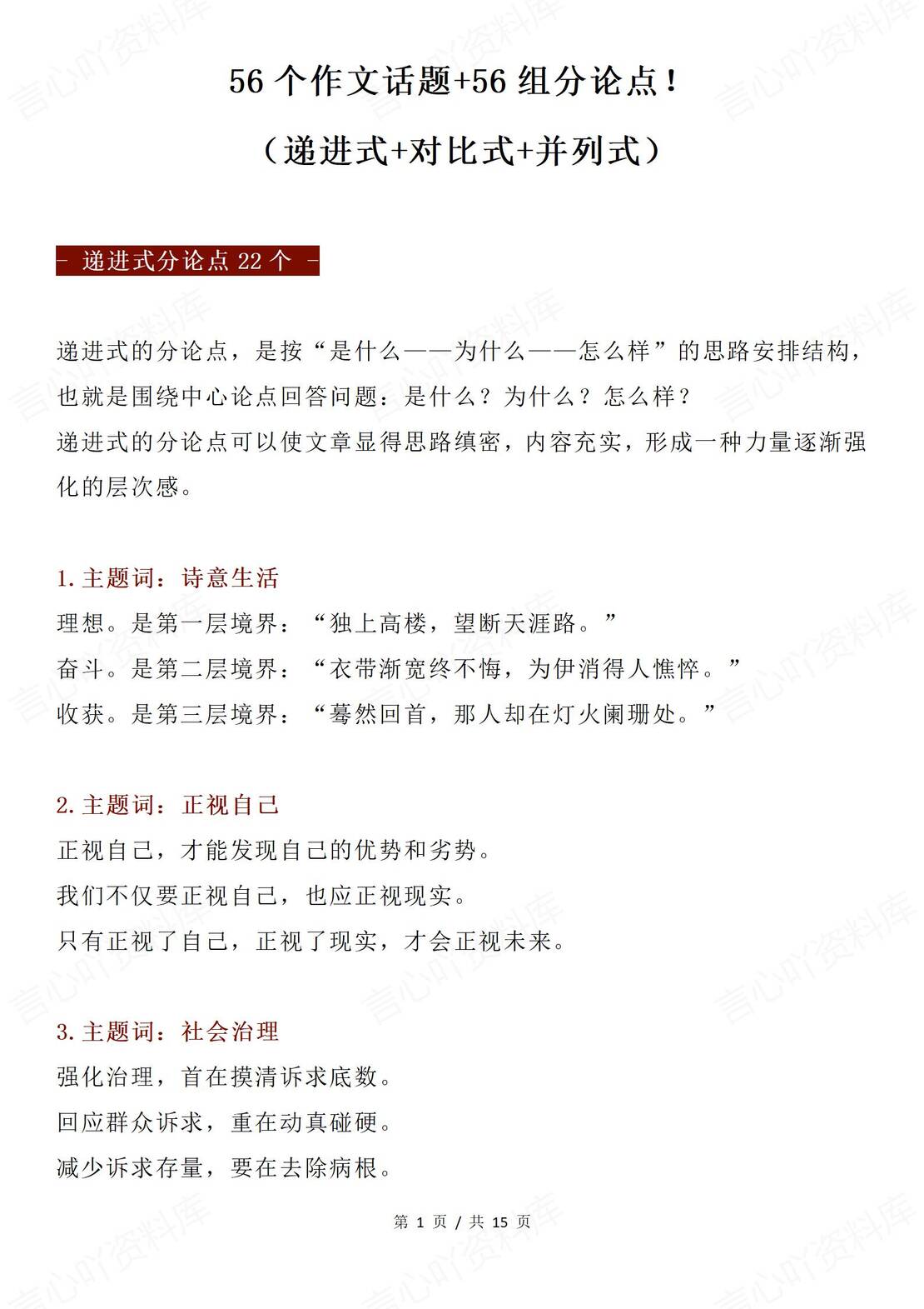 高中语文-56个作文话题+56组分论点-言心吖资料库