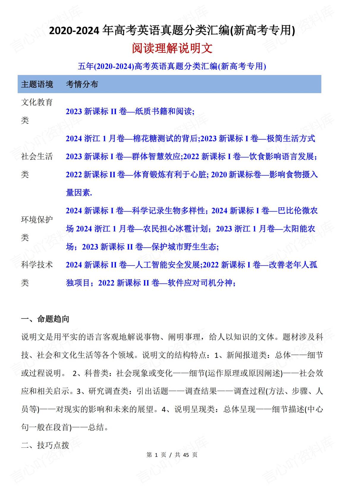 高中英语-2020-2024年高考英语真题分类汇编-阅读理解说明文(新高考专用)-言心吖资料库