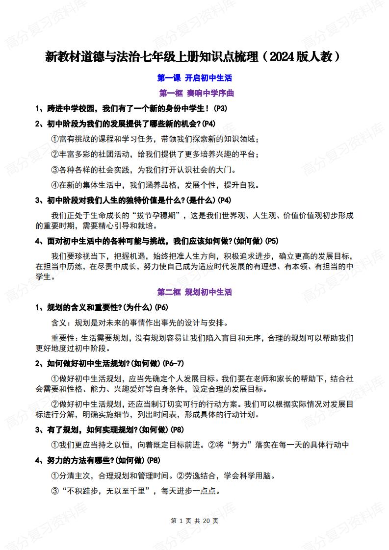初中道法-2024版新教材七年级初一上册知识点梳理（问答式）-言心吖资料库