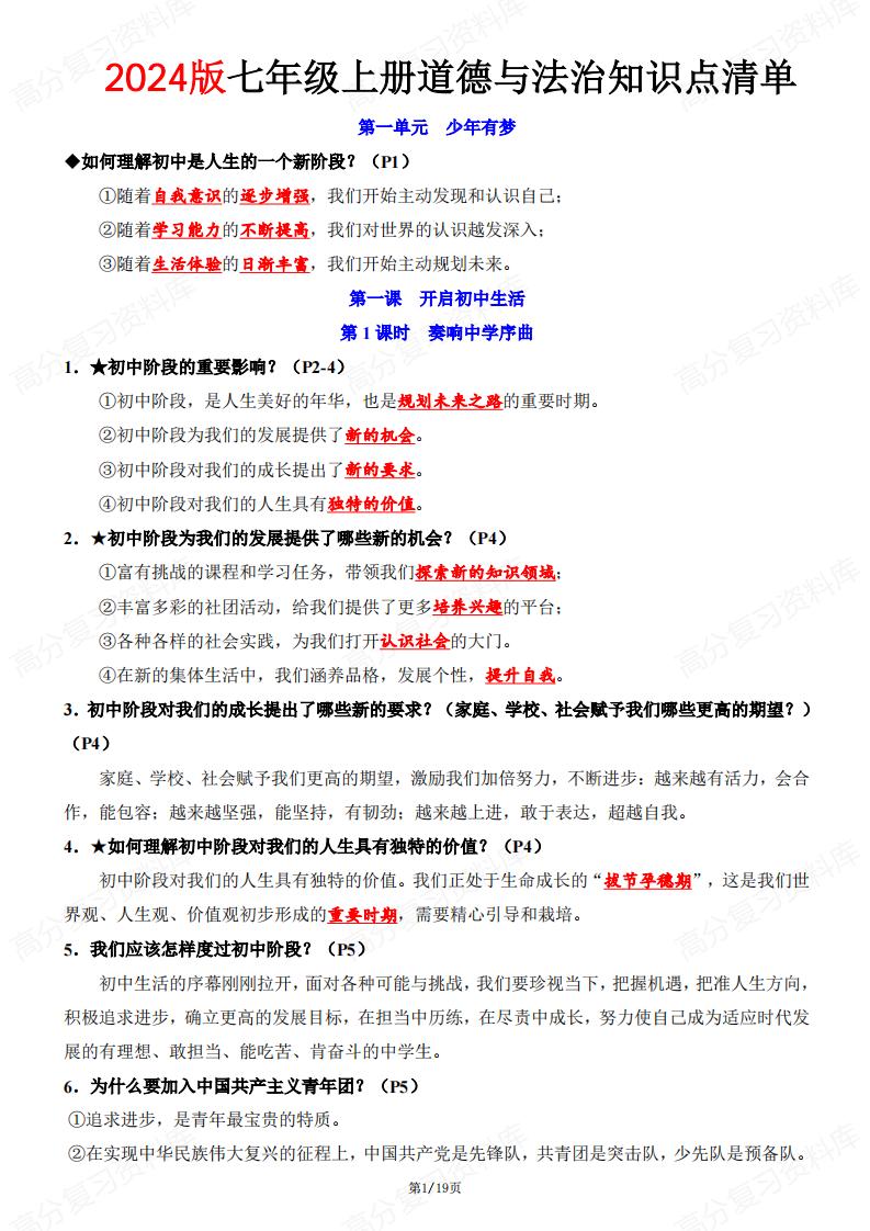 初中道法-2024版新教材七年级上册道德与法治知识点清单（问答式）-言心吖资料库