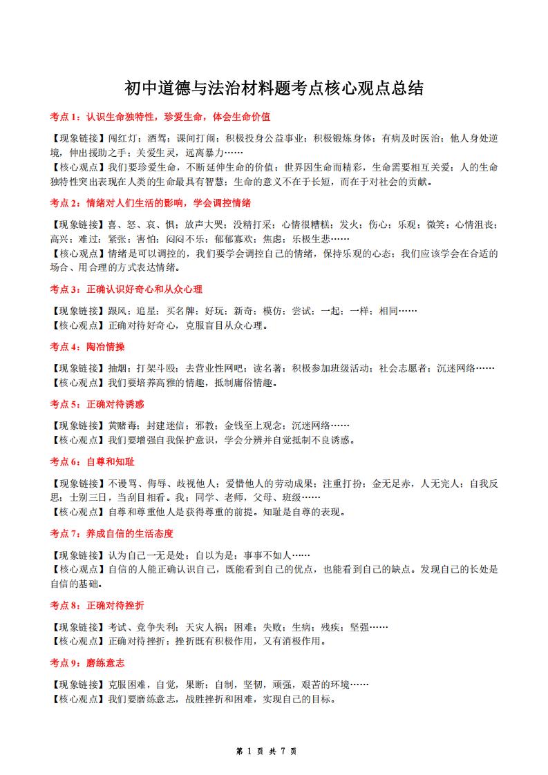 初中道法-材料题考点核心观点总结-言心吖资料库