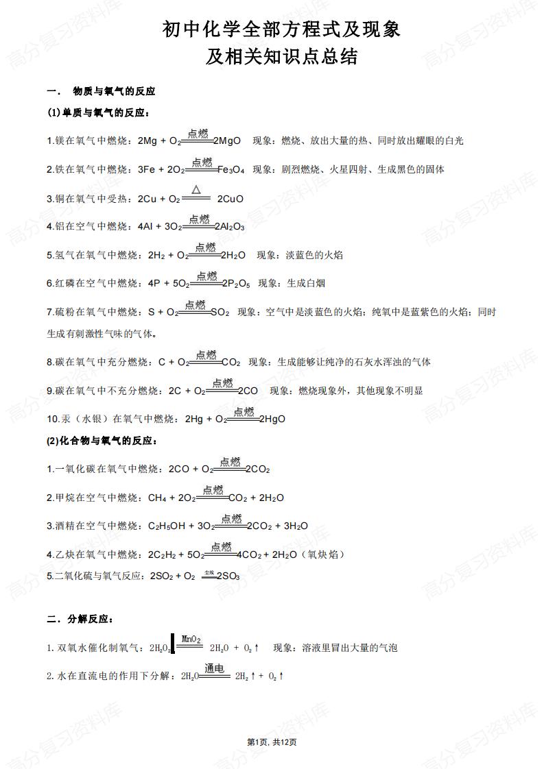 初中化学-中考复习化学方程式大全及现象总结-言心吖资料库