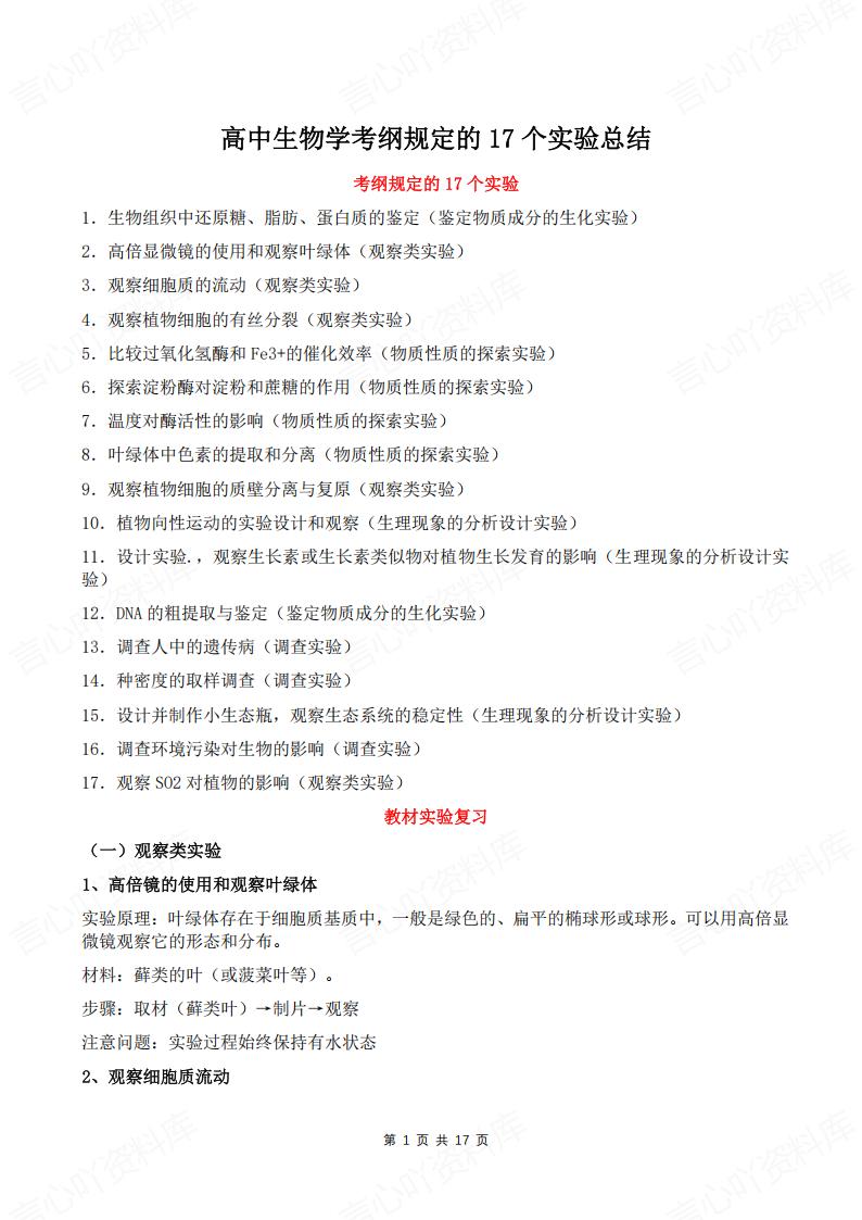 高中生物-学考纲规定的17个实验总结-言心吖资料库