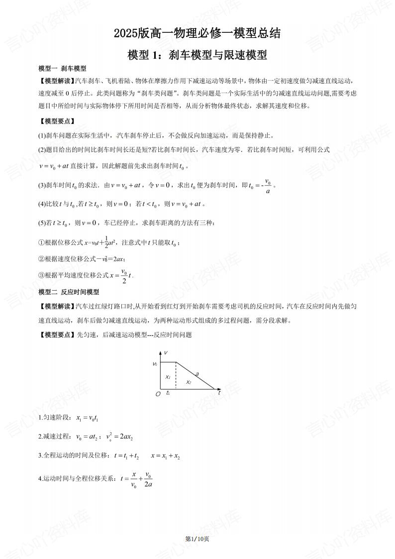 高中物理-2025版必修1物理模型总结-言心吖资料库