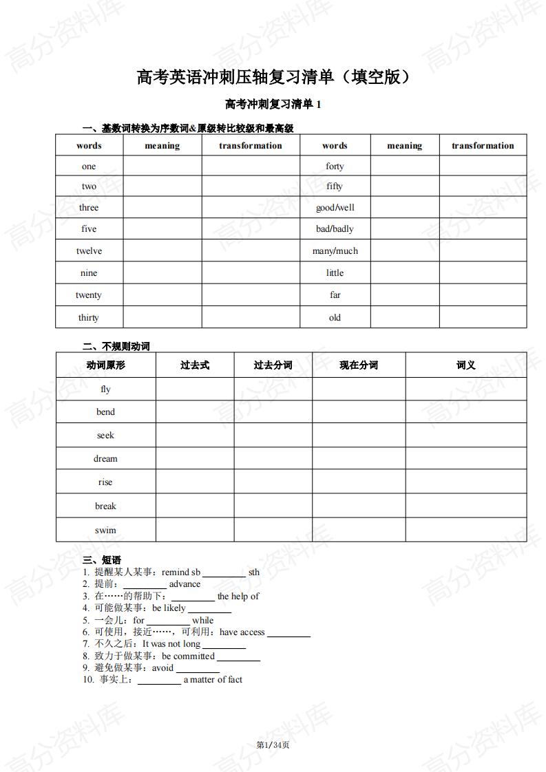 高中英语-高考英语冲刺压轴复习清单（含填空版）-言心吖资料库