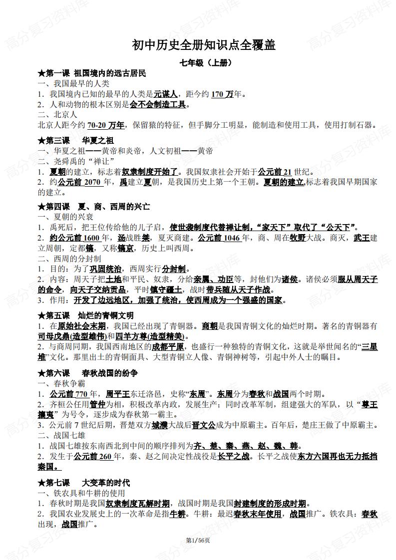 初中历史-全册知识点全覆盖（逐课知识点）-言心吖资料库