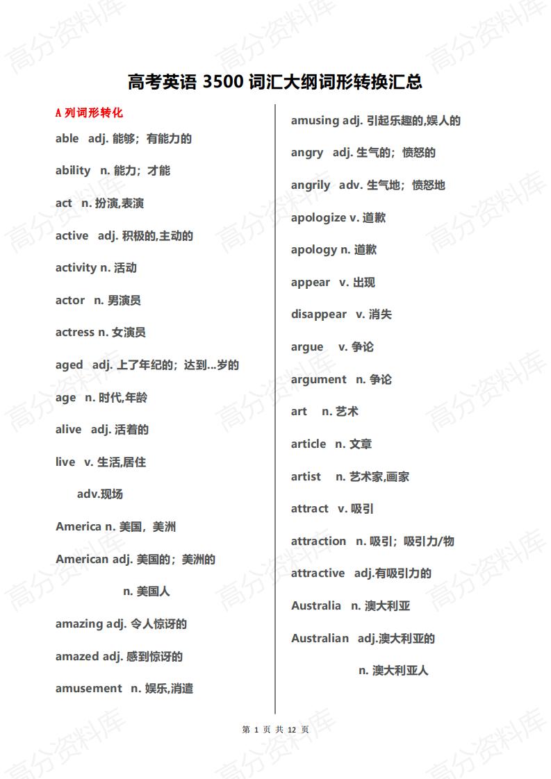 高中英语-高考英语3500词汇大纲词形转换汇总-言心吖资料库