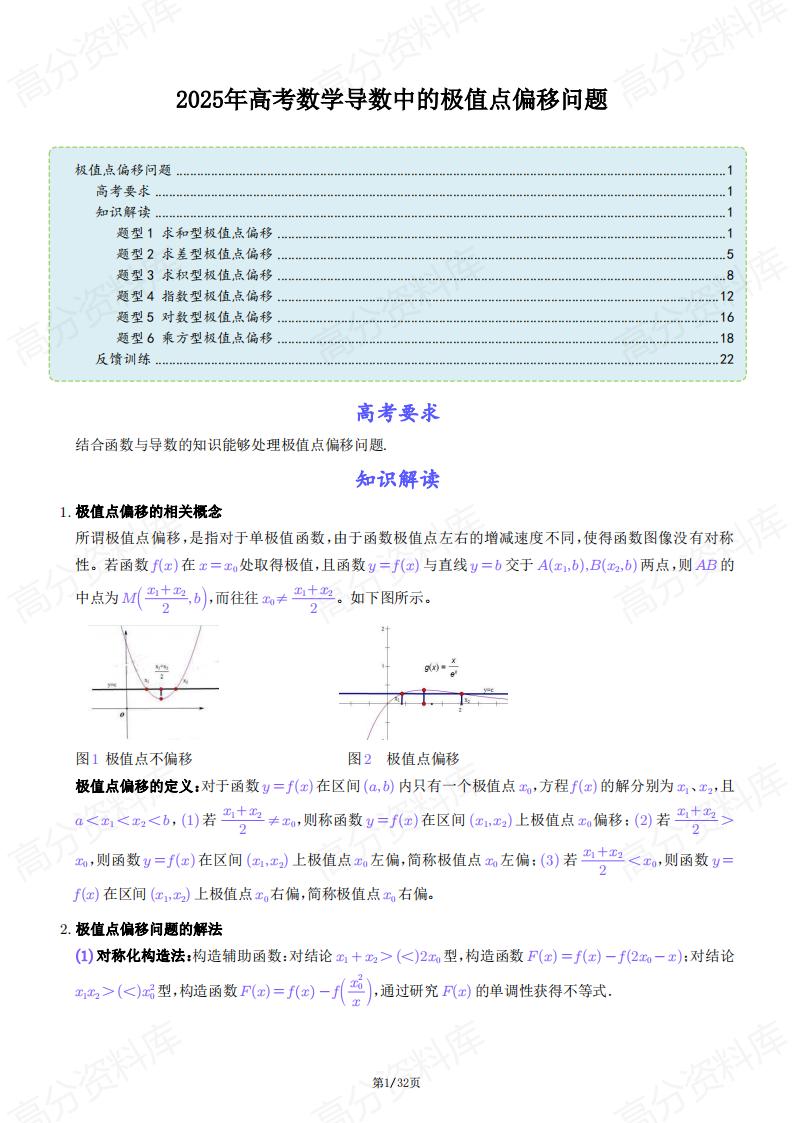高中数学-2025年高考数学导数中的极值点偏移问题-言心吖资料库