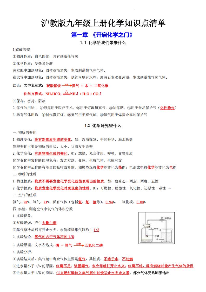 初中化学-2024版新教材沪教版九年级上册化学知识点清单-言心吖资料库