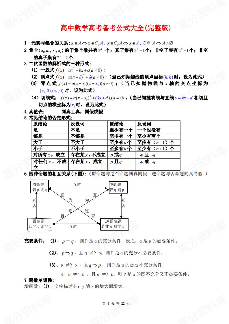 高中数学-高考备考公式大全-言心吖资料库