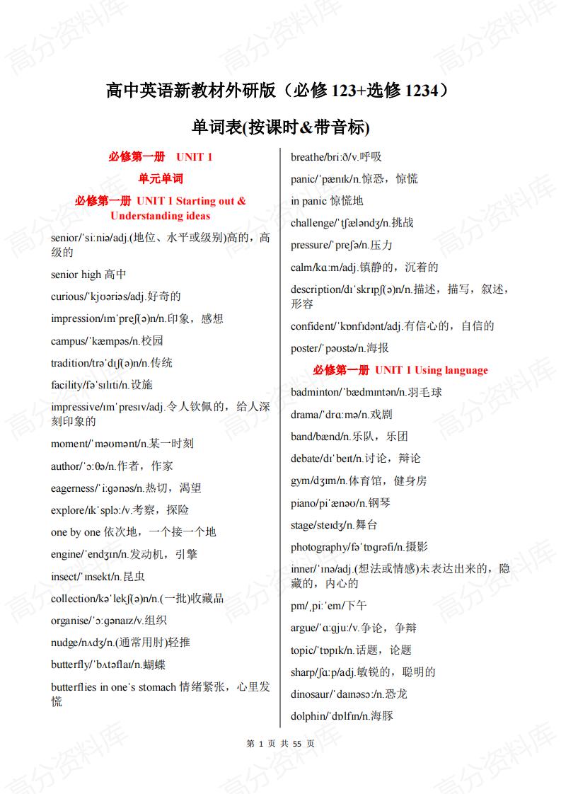 高中英语-新教材外研版单词表（必修123+选修1234）-言心吖资料库