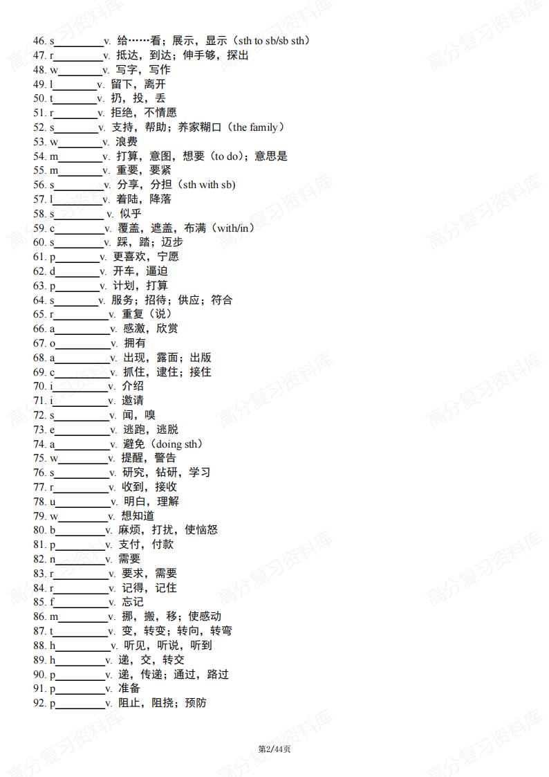 初中英语-中考英语高频词首字母默写及短语默写表（含答案）插图初中英语1