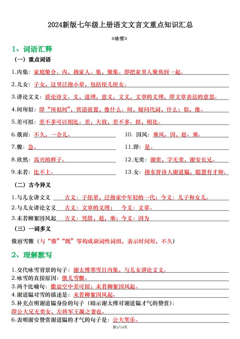 初中语文-2024版新教材七年级上册语文文言文重点知识汇总（词语汇释+理解默写）-言心吖资料库