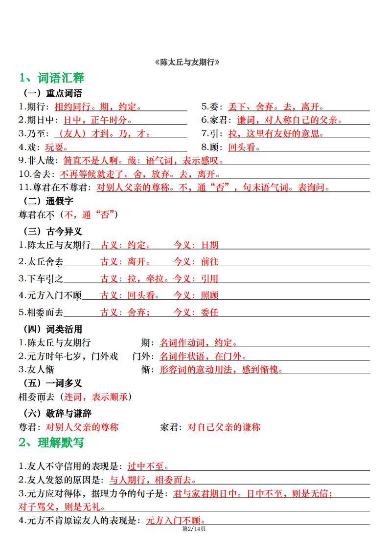 初中语文-2024版新教材七年级上册语文文言文重点知识汇总（词语汇释+理解默写）插图初中语文1