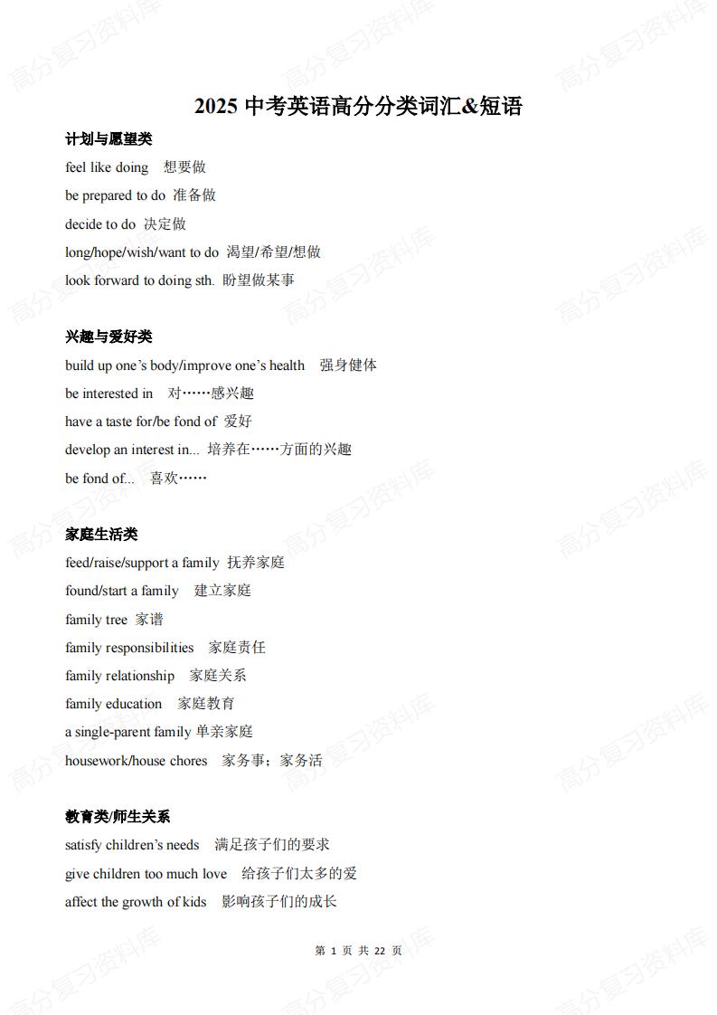 初中英语-2025中考英语高分分类词汇及短语-言心吖资料库