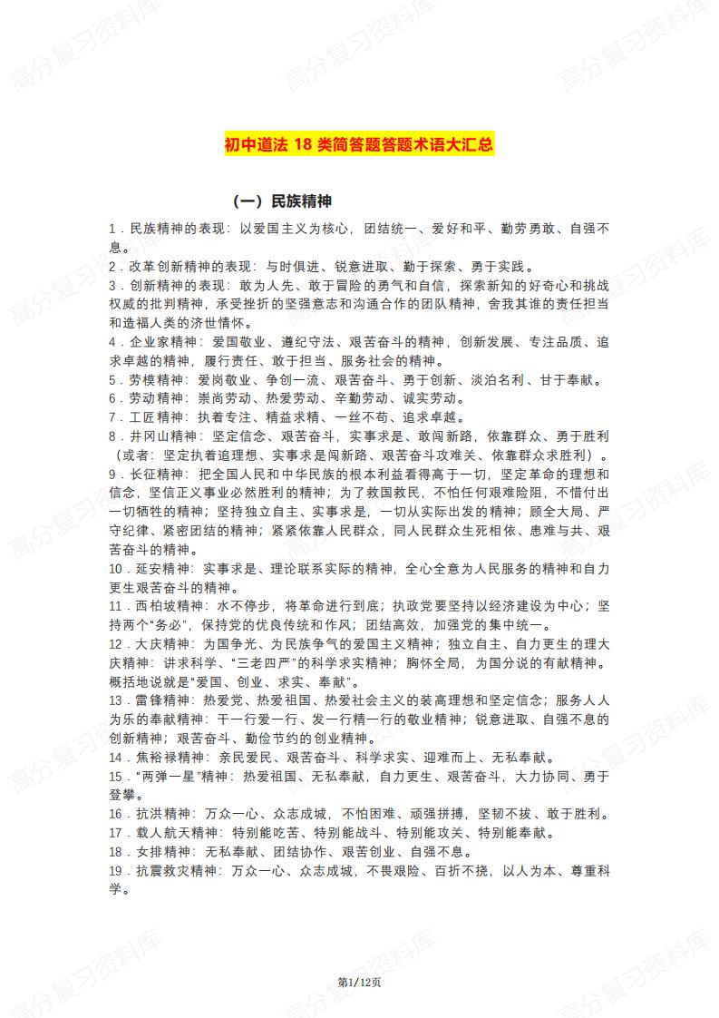 初中道法-18类简答题答题术语汇总-言心吖资料库