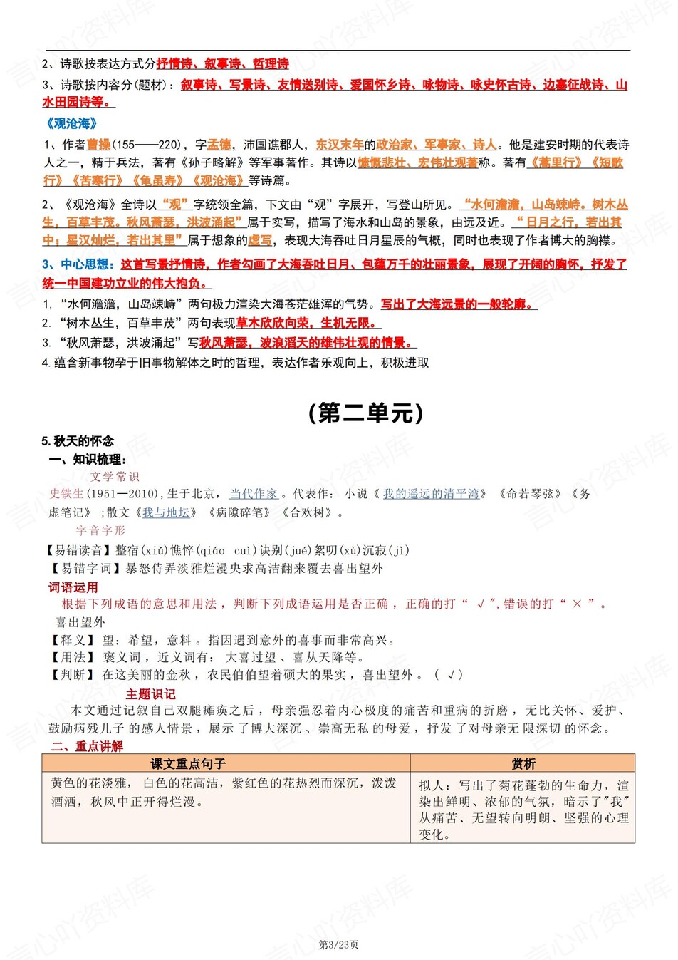 初中语文-七年级上单元知识点总结梳理插图初中语文2