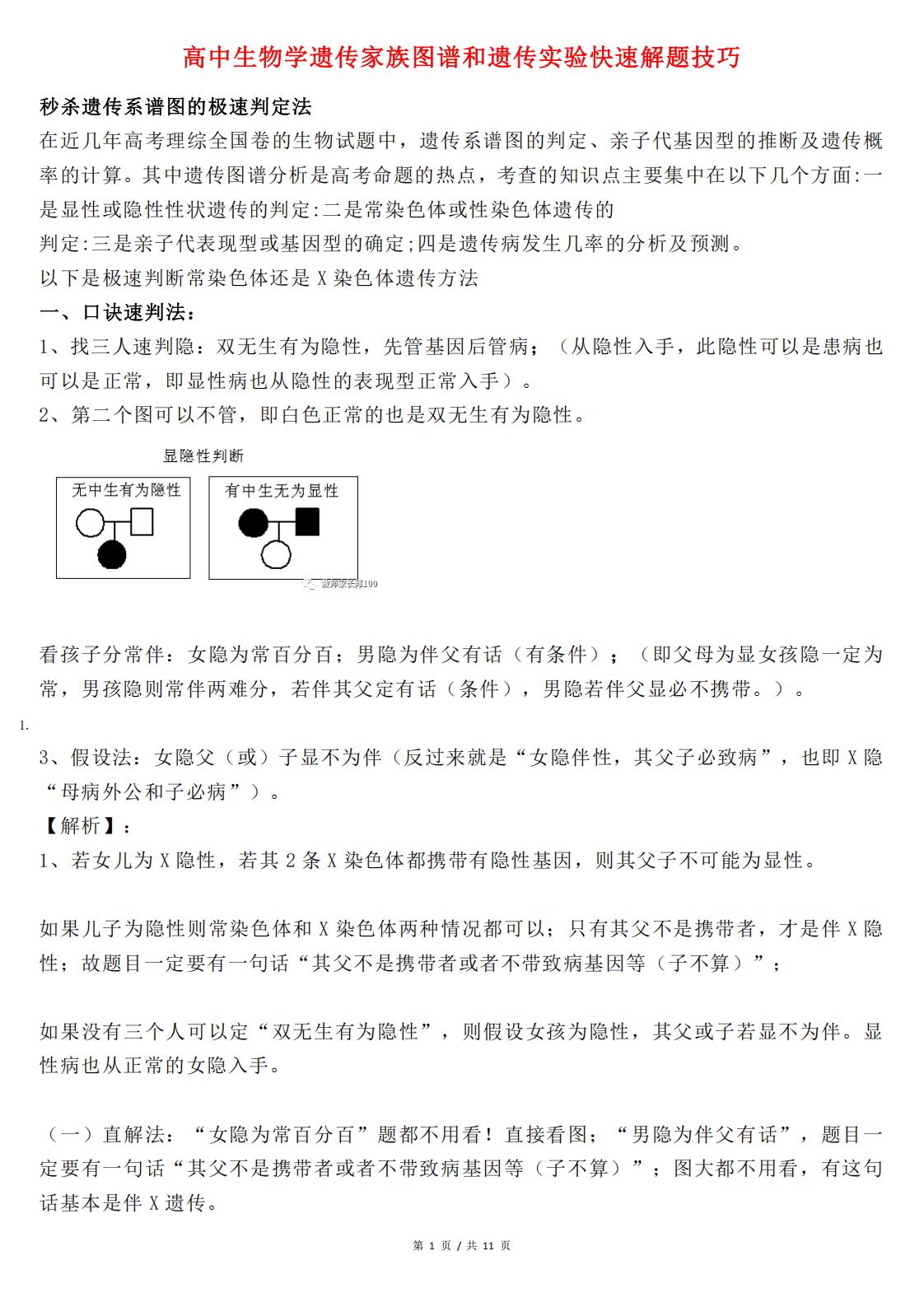 高中生物-遗传家族图谱和遗传实验快速解题技巧-言心吖资料库