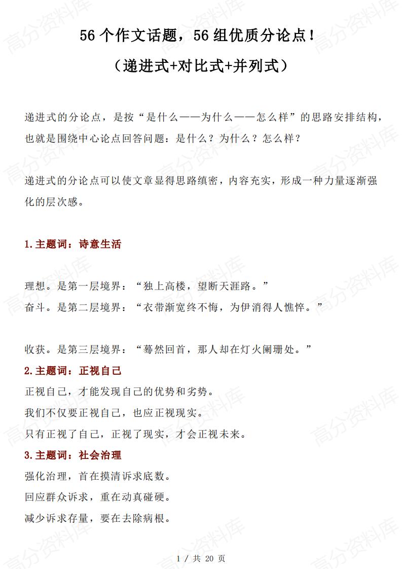 高中语文-56个作文话题56组优质分论点-言心吖资料库