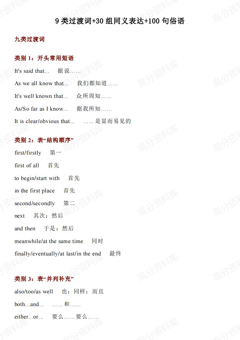 高中英语-9类过渡词+30组同义表达+100句俗语-726-言心吖资料库