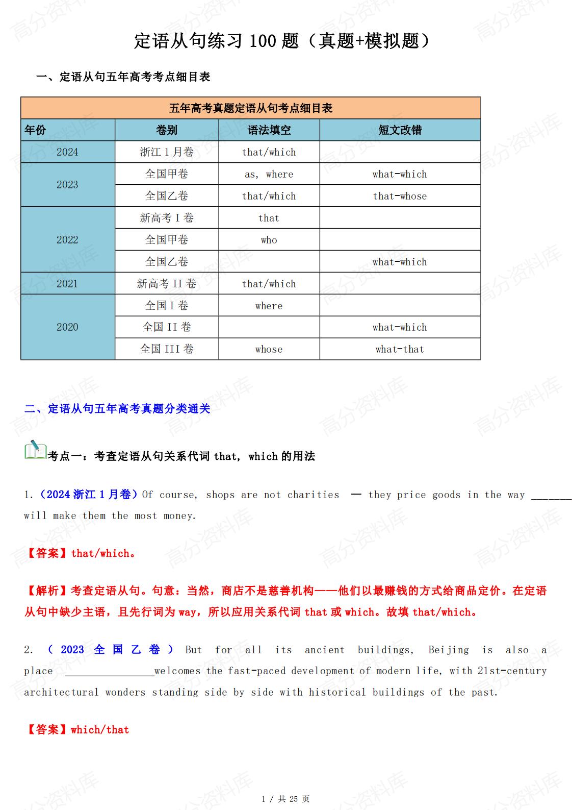 高中英语-定语从句真题模拟题练习100题-816-言心吖资料库