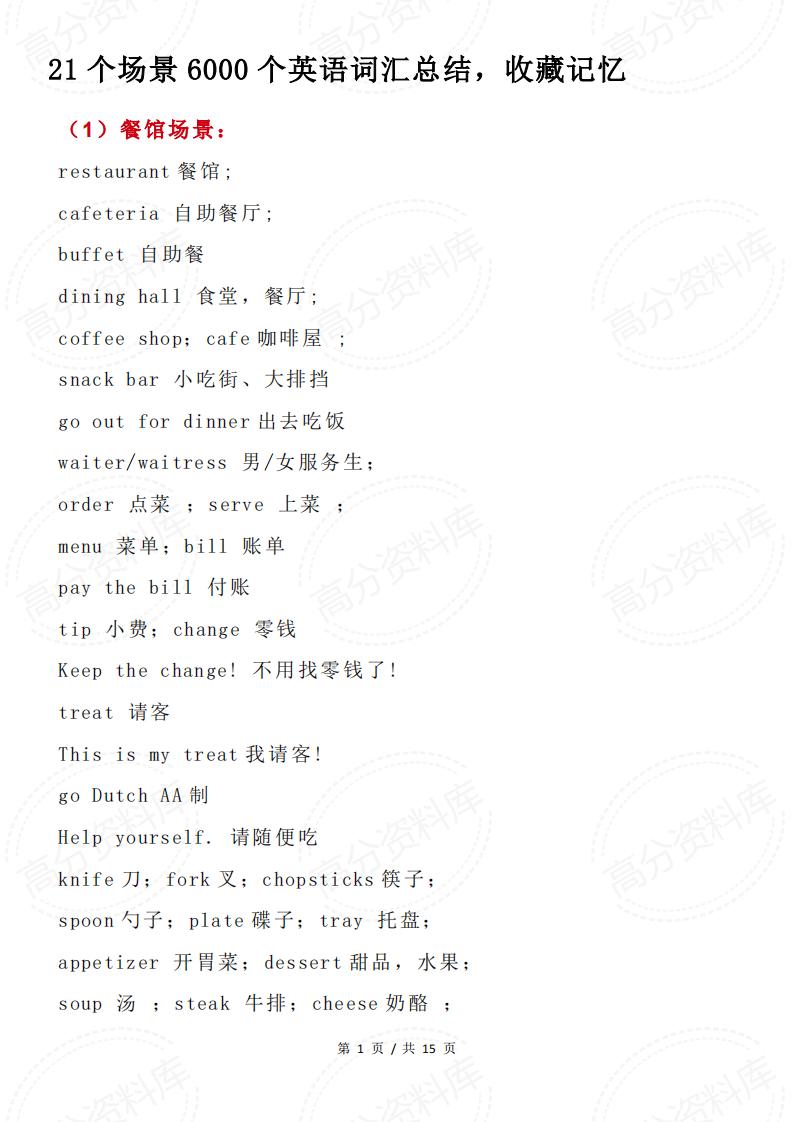 高中英语-21个场景6000个英语词汇总结-言心吖资料库