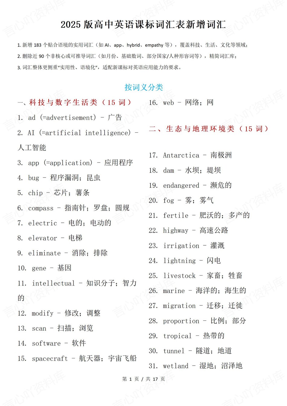 高中英语-25版课标词汇新增单词表归纳-言心吖资料库