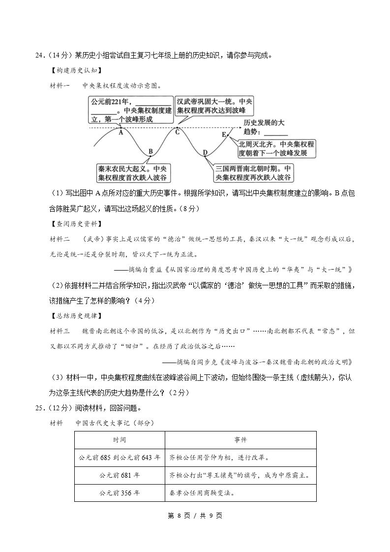 初中历史-新七年级上学期末考试卷统编版答案解析插图同步试卷专项3