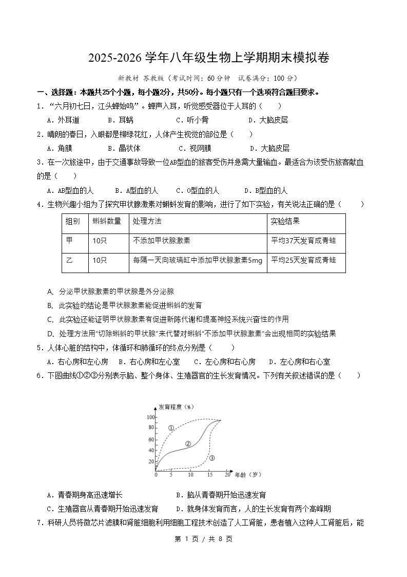 初中生物-新八年级上学期末考试卷苏教版答案解析-言心吖资料库