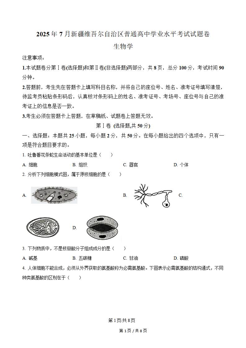 新疆2025年高中学业水平合格性考试生物7月真题试卷答案解析学考会考春考高考-言心吖资料库