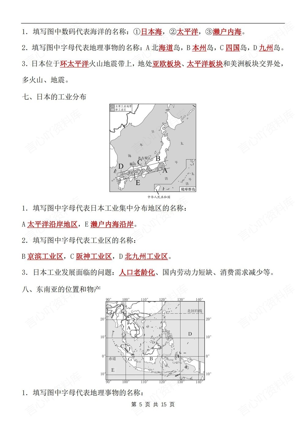初中地理-七年级下人教版填空背记版新教材初一下册插图初中地理5