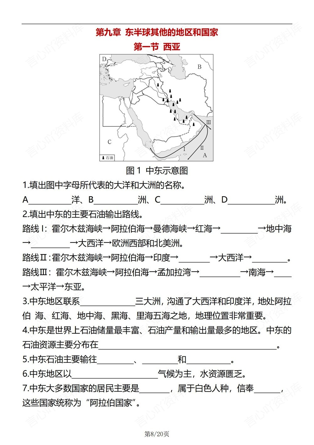 初中地理-七年级下人教版重点常考填图汇总新教材初一下册插图初中地理4