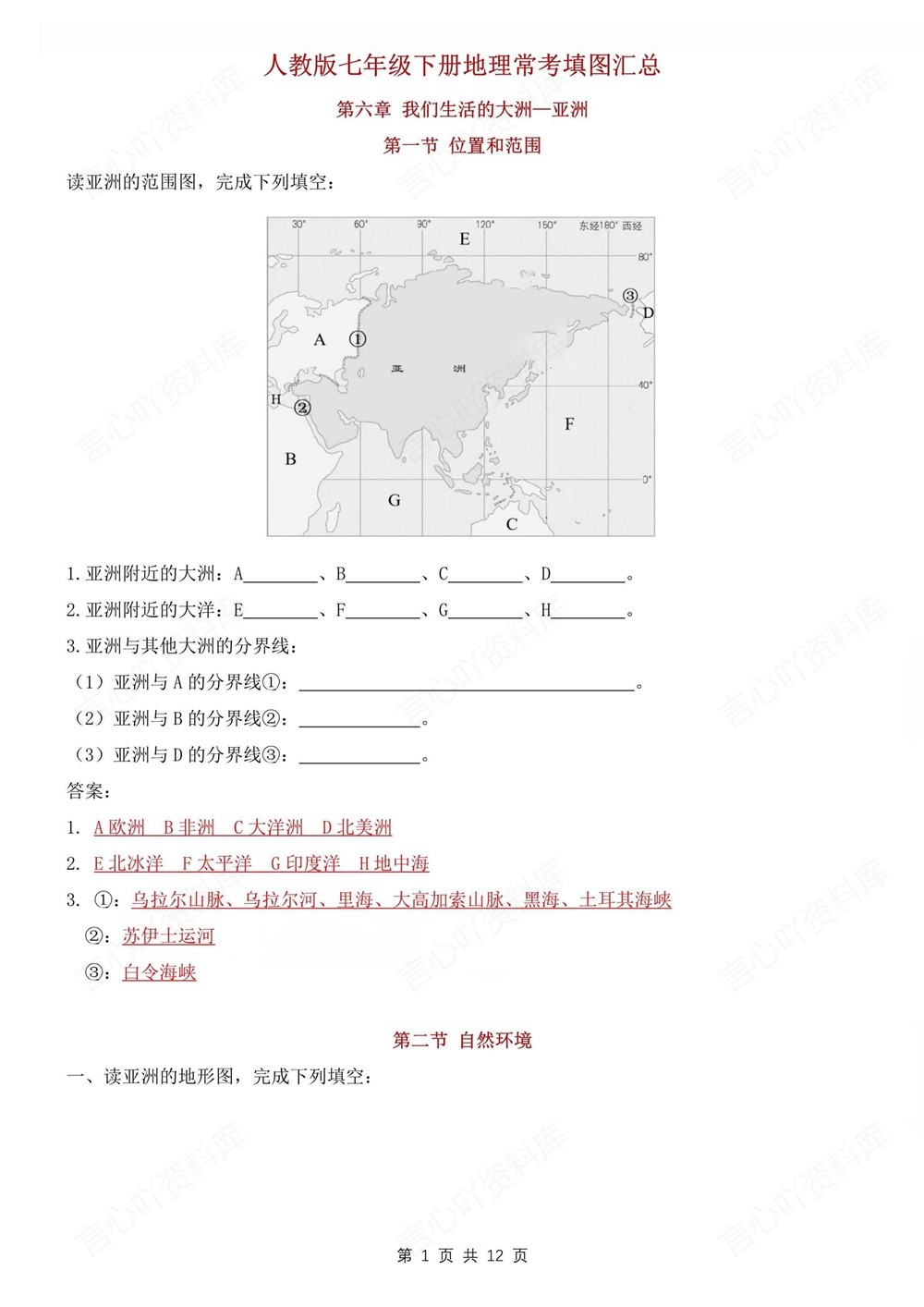 初中地理-七年级下人教版重点常考填图汇编新教材初一下册插图初中地理1