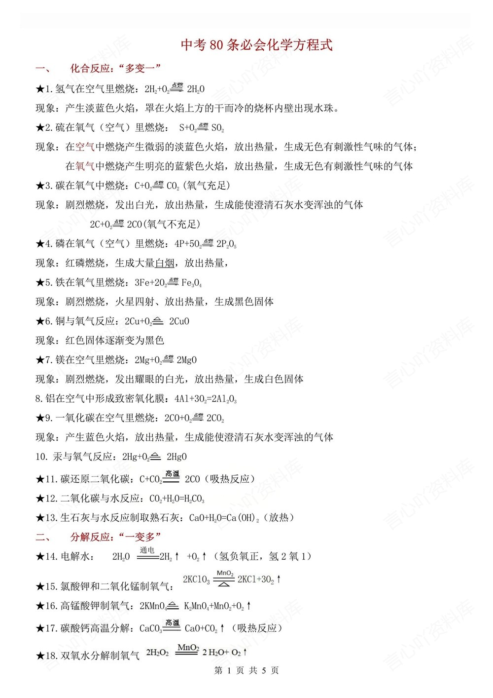 初中化学-中考复习常考80条方程式汇总插图初中化学1