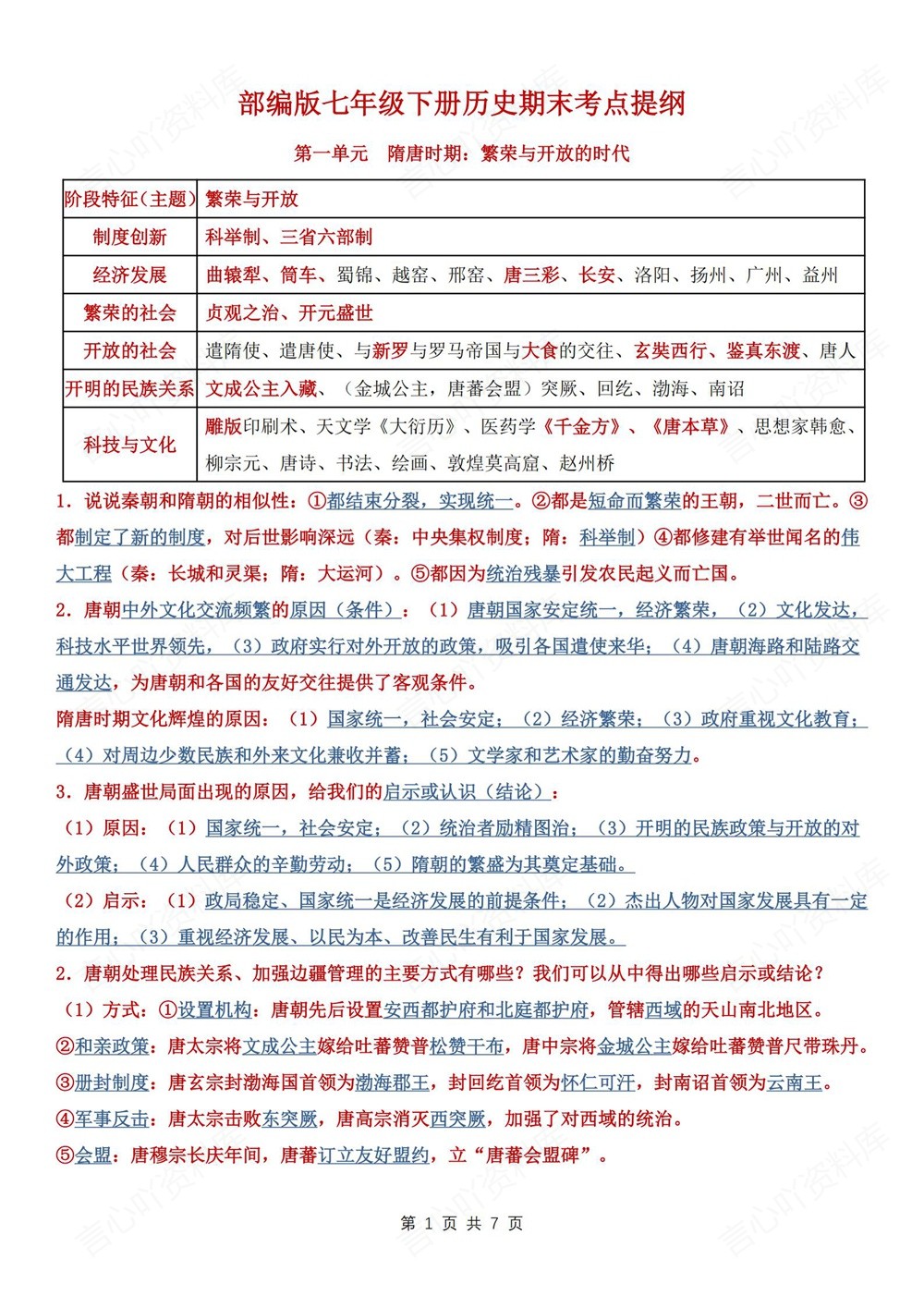 初中历史-七年级下重要考点提纲归纳新教材初一下册插图初中历史1