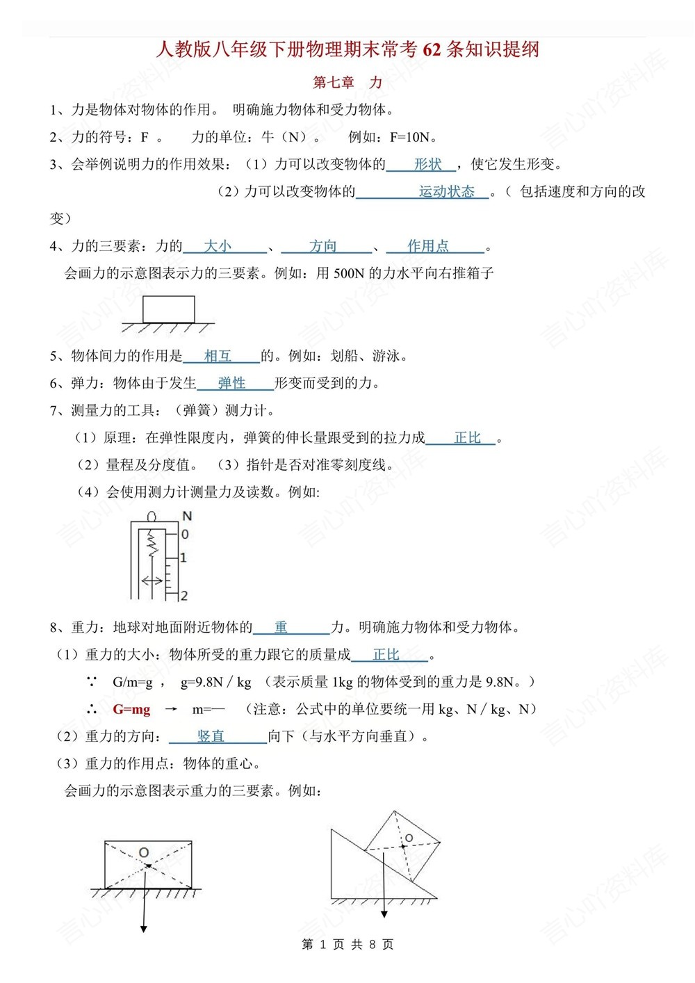 初中物理-八年级下人教版62条常考知识提纲新教材初二下册插图初中物理1