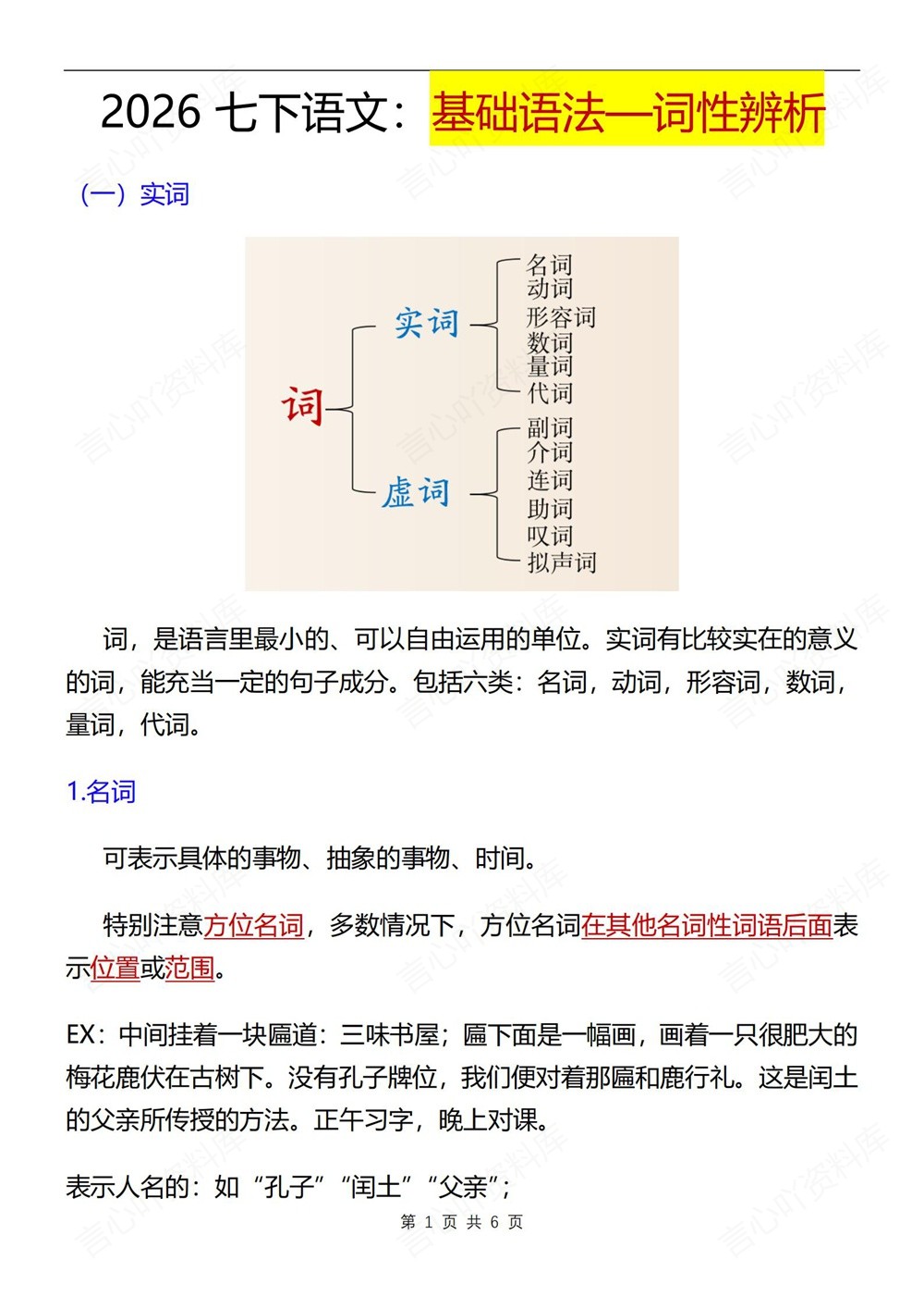 初中语文-七年级下词性辨析知识总结新教材初一下册插图初中语文1