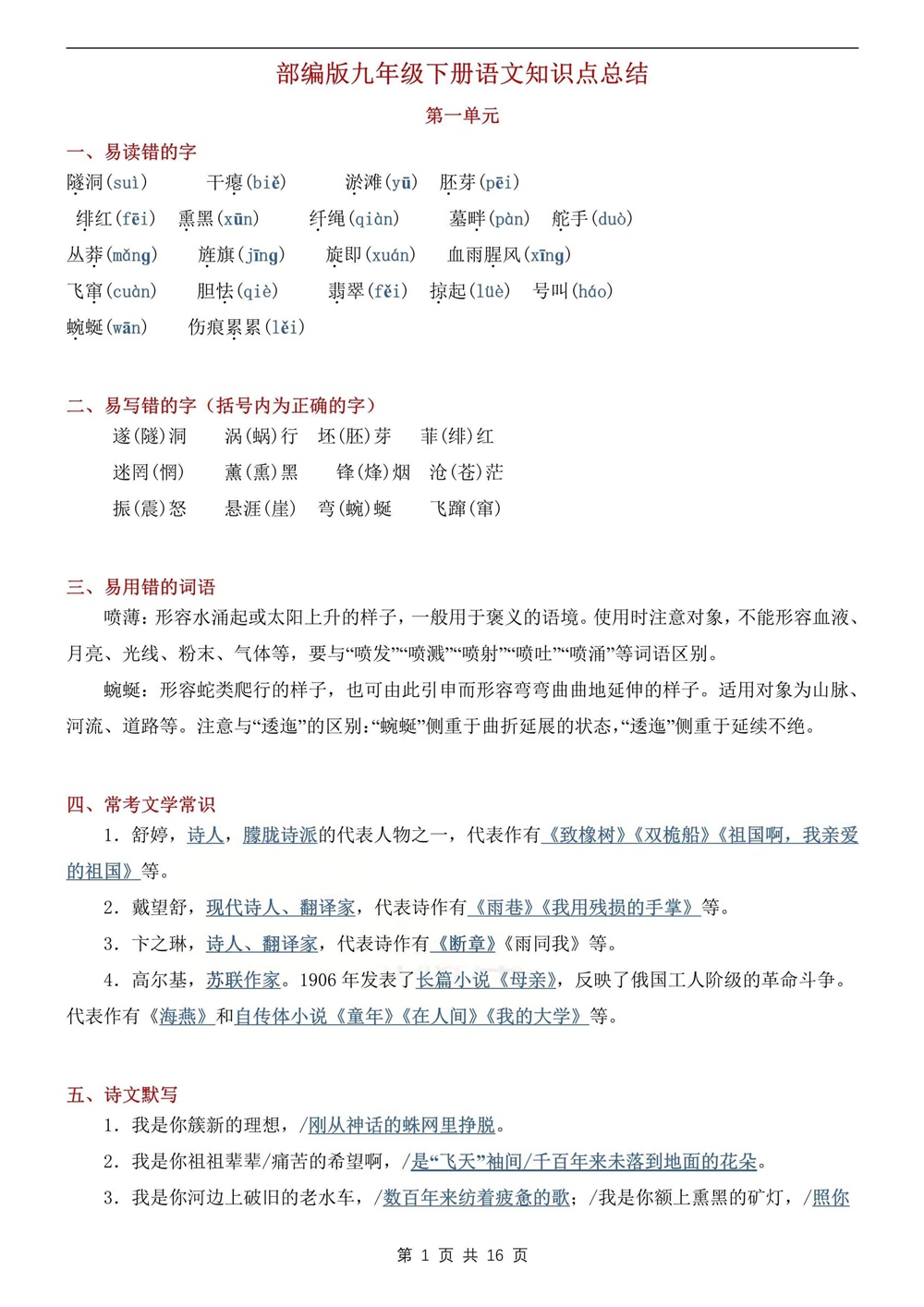 初中语文-九年级下单元知识总结归纳新版初三下册插图初中语文1