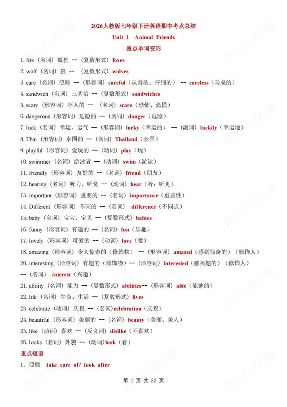 初中英语-七年级下人教版单元同步知识梳理总结新教材初一下册插图初中英语1