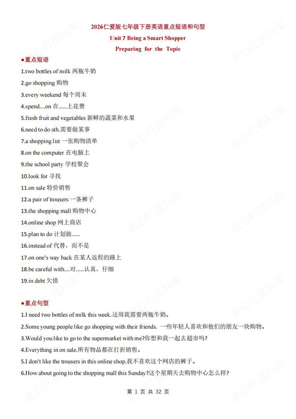 初中英语-七年级下仁爱版单元重点知识归纳新教材初一下册插图初中英语1