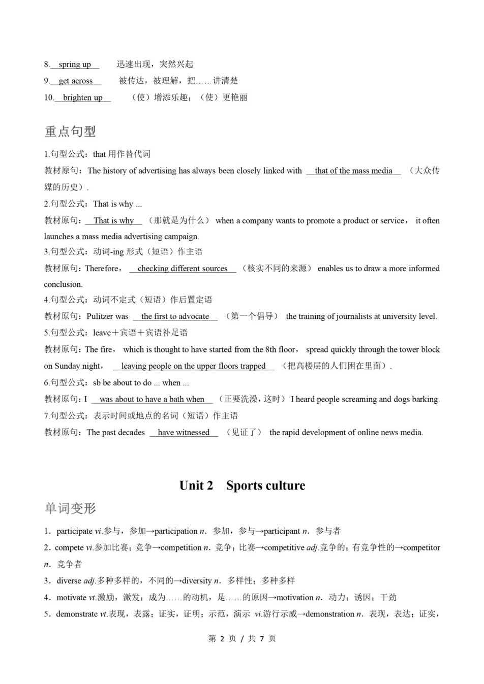 高中英语 | 高二下译林版期末复习考点梳理知识清单试卷模拟插图高中考点专项2