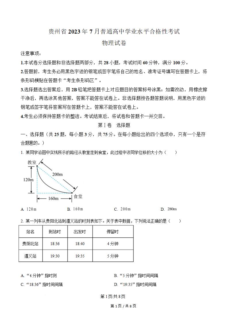 贵州省2023年高中学业水平合格性考试物理真题试卷答案解析学考会考春考高考-言心吖资料库