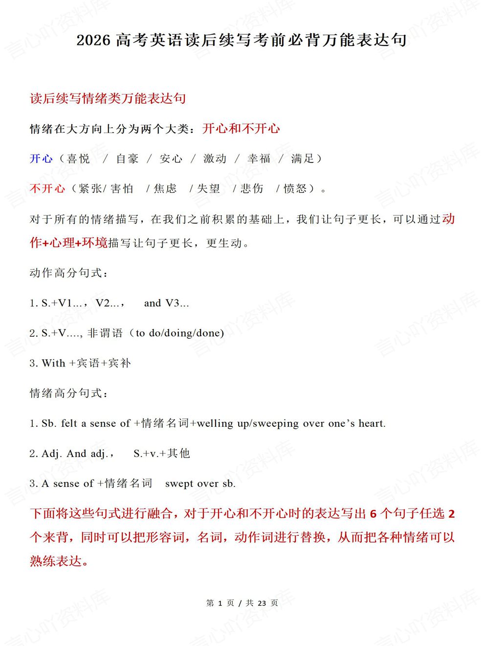 高中英语-读后续写考前必背表达归纳高考专项复习汇总插图高中英语1