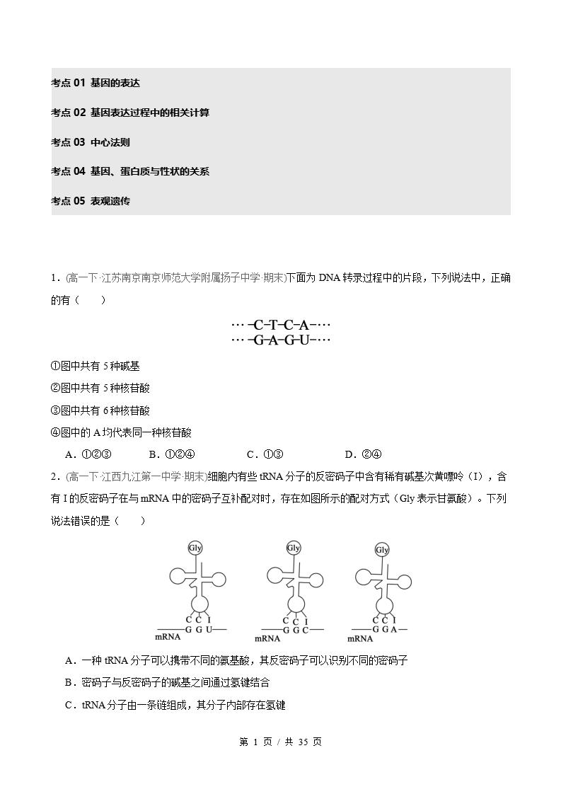 生物-高1下学期末真题汇编 专题04 基因的表达原卷试卷答案解析题型考点考试复习-言心吖资料库