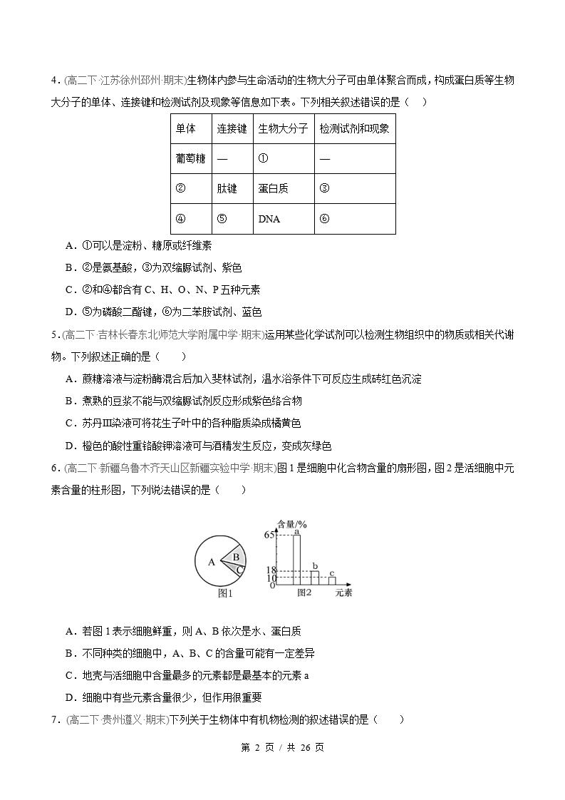生物-高2下学期末真题汇编 专题04 细胞的物质基础原卷试卷答案解析题型考点考试复习插图真题汇编专项1