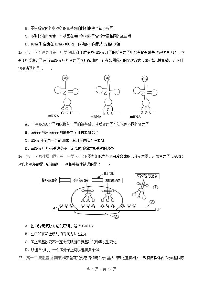 生物-高1下学期末真题汇编 选择题快速练原卷试卷答案解析题型考点考试复习插图真题汇编专项4