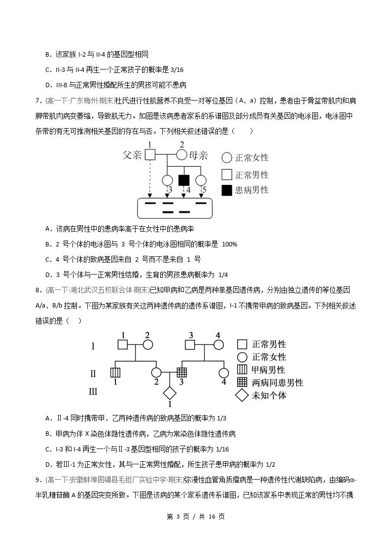 生物-高1下学期末真题汇编 重难点03 遗传系谱图遗传方式与概率计算原卷试卷答案解析题型考点考试复习插图真题汇编专项2