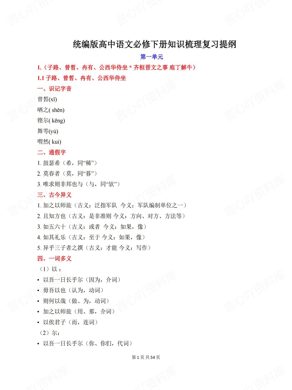 高中语文-必修下册章节单元归纳汇总专项内容总结插图高中语文1